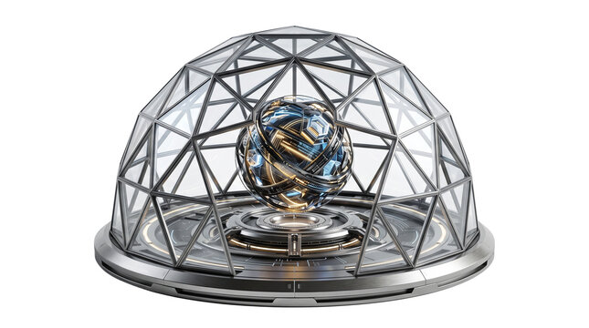 Futuristic geodesic glass dome with energy core, sci-fi laboratory reactor chamber, high-tech power source sphere on white background