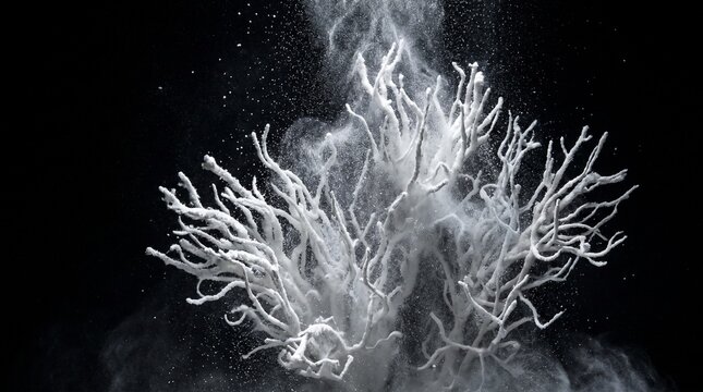Coral sculpture submerged in water is enveloped by a swirling cloud of white powder and fine particulate matter.