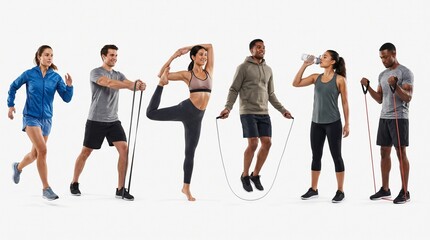 Obraz premium Diverse group of athletes practice various fitness exercises and stretching routines on a white background.