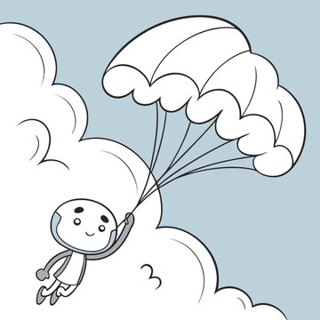 Cute cartoon character skydiving with a parachute among fluffy clouds parachute jump skydiving illustration cute skydiver cloud background adventure sport flying person vector parachutist