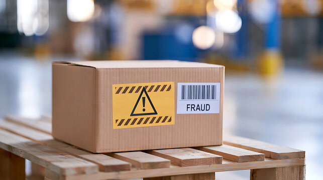 A suspicious cardboard box on a wooden pallet inside a warehouse setting, featuring a caution warning label and a barcode symbol for security