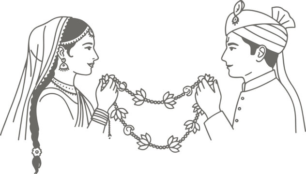 Traditional Hindu bride and groom Jaimala ceremony line art concept