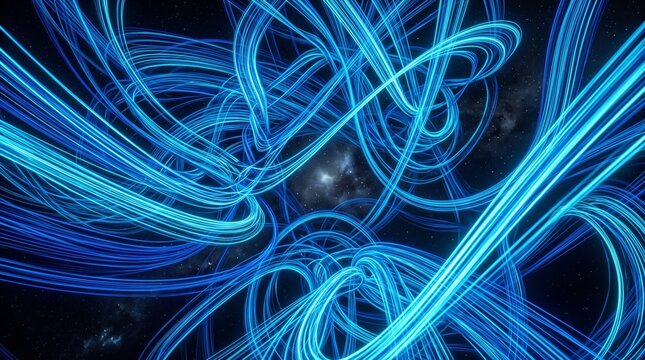 Blue light trails swirl and tangle in an abstract neon pattern against a dark black background.