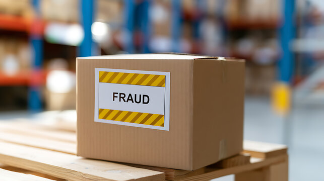 A cardboard box with fraud label rest on wooden pallet inside large warehouse storage facility showing secure supply chain issue problem concept