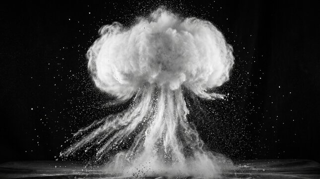 Mushroom cloud simulated by white powder explosion rises from a dark surface.