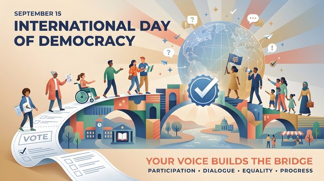 International day of democracy illustration with diverse people and cityscape