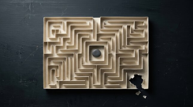 Paper labyrinth with torn opening and central stone top view