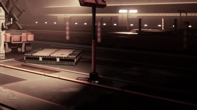 A worker moves equipment in a storage area at night. Lights illuminate the space while machines and pallets are in view. The mood shows activity and operations in progress.