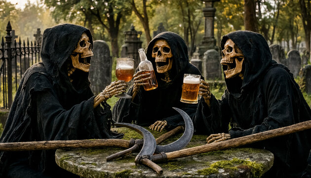 Three grim reapers in black robes raise beer glasses in a toast at a stone table in an old cemetery.