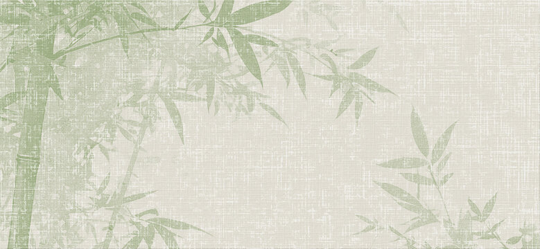 textured light grey linen background featuring a faded, delicate green bamboo plant and leaf pattern.