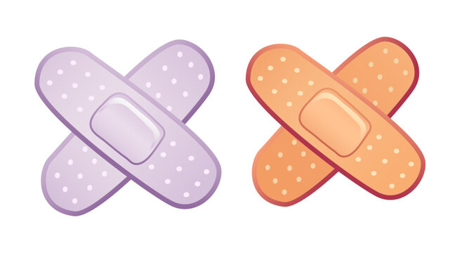 Cartoon Adhesive Bandages in Purple and Peach Colors Icolated Vector Illustration for Medical Care Designs for Kids