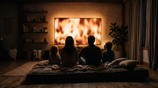 Family watching abstract flame on television
