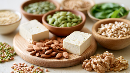 Obraz premium Healthy vegan protein sources like tofu, almonds, seeds, and beans arranged on a wooden board for plant based diet and nutrition concepts