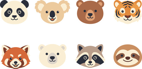 Naklejka premium Cartoon vector illustrations of animal faces including panda, koala, bear, tiger, red panda, polar bear, raccoon, sloth