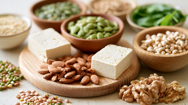 Healthy vegan protein sources like tofu, almonds, seeds, and beans arranged on a wooden board for plant based diet and nutrition concepts