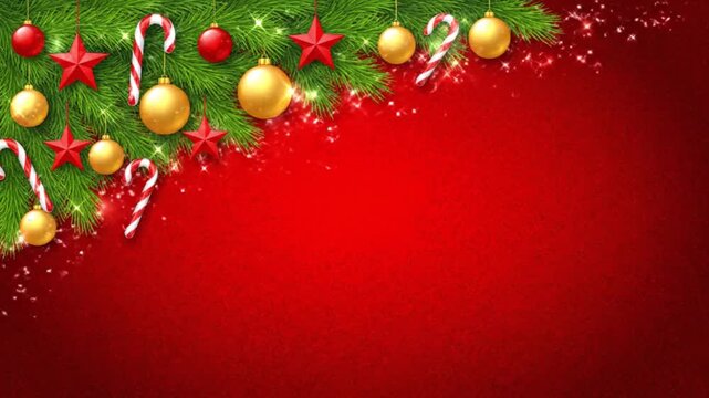 An elegant festive border made of green pine branches and red ornaments on a dark background offers a perfect space for holiday text
