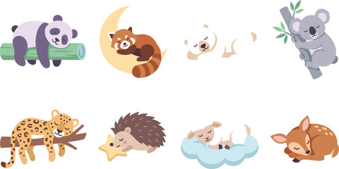 Obraz premium Cartoon vector illustrations of sleeping animals including panda, red panda, polar bear, koala, leopard, hedgehog, lamb, fawn