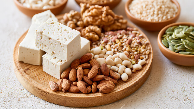 Fresh plant protein sources with white block tofu, mix nut, almond, walnut, bean and grain in wooden plate for healthy vegan meal diet
