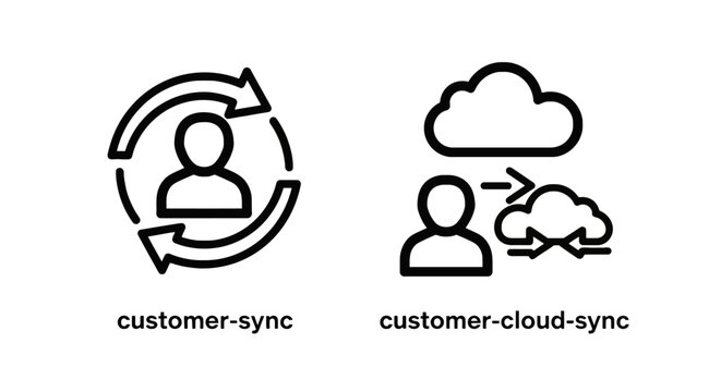 Customer sync and customer cloud sync line icons set with user profile data synchronization cloud transfer client data user account network conne