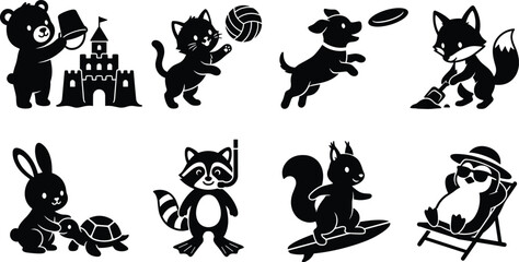 Obraz premium Vector silhouettes of cartoon animals in playful summer beach activities including surfing, snorkeling, sandcastle, ball, and lounge chair