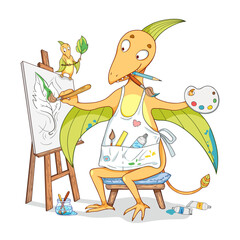 Father Pterodactyl Painting a Leaf with His Hatchling Vector Illustration © Aleksandra