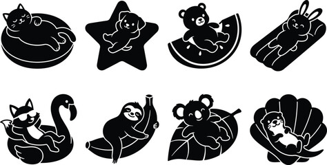 Fototapeta premium Vector silhouettes of cute animals relaxing on floats, fruit, seashells, banana, leaf, and summer leisure objects