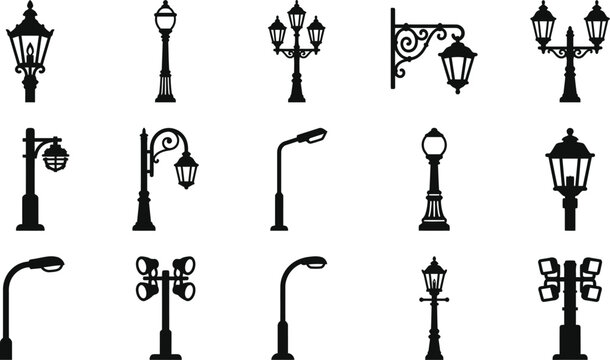 Mixed style black vector icons of street lights and lampposts