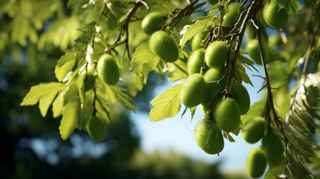 A photo of a kiwi tree with green fruits