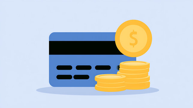 Digital payment concept illustration showing a blue credit card with stacks of gold coins and dollar symbols for financial business designs