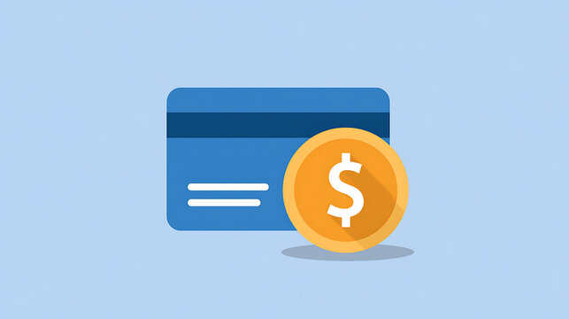 Flat design vector illustration of a blue credit card with gold dollar coin symbol on a light background for finance and payment concepts