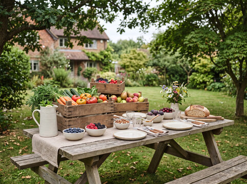 Rustic picnic table set with fresh produce crates and berry bowls outdoors
