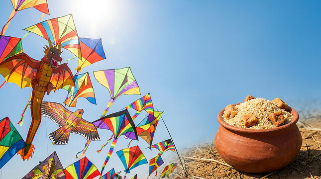 Beautiful Makar Sankranti festival with colorful kite flying and delicious traditional food in a clay pot for celebration