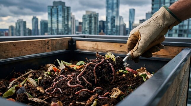 Person tending urban rooftop compost bin with earthworms and city skyline photography
