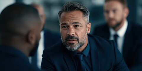 Fototapeta premium Focused Businessman in Deep Discussion at Corporate Meeting