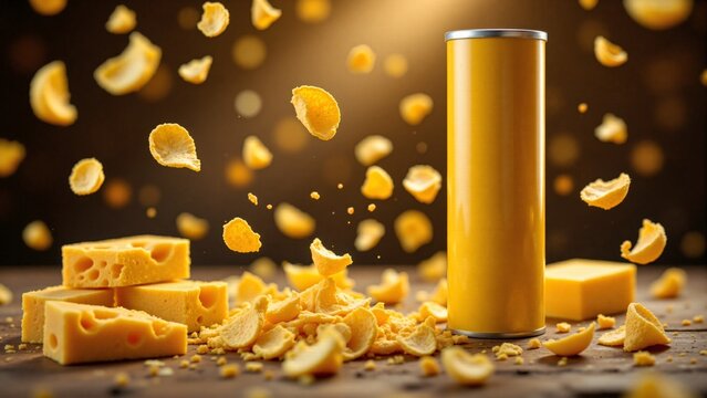 Dynamic commercial food shot of yellow chip tube with flying cheese crisps, blocks of cheese, warm bokeh lighting, dark wooden table backdrop, high contrast cinematic composition.
