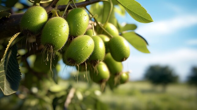 A photo of a kiwi tree with green fruits
