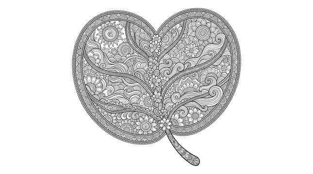 Heart-Shaped Zentangle Leaf Coloring Page