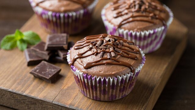 Delicious chocolate muffins with drizzle and dark chocolate pieces on a wooden board