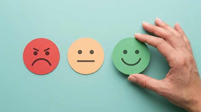 Hand holding a green happy smiley face icon for customer feedback