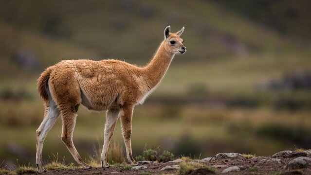 Wild vicuna standing in the Andean highlands of Peru