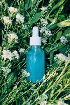 Blue cosmetic dropper bottle with organic serum sitting among green leaves and white flowers