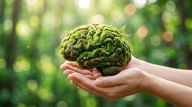Human hands holding a green mossy brain in a sunny forest