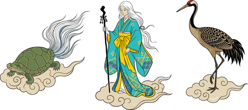 Traditional Japanese Mythology Vector Character Set Featuring Goddess Minogame Turtle and Crane Standing on Auspicious Clouds for Folklore and Tattoo Designs