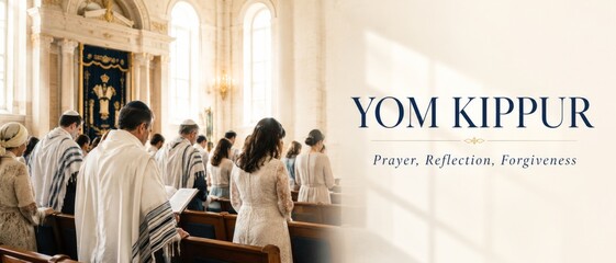Yom Kippur prayer service in synagogue with congregation, religious theme and copy space © dvoevnore