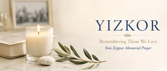 Yom Kippur Yizkor candle and olive branch on marble for memorial prayer, copy space © dvoevnore