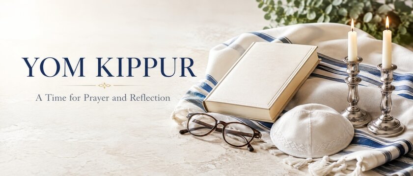 Yom Kippur celebration with prayer book, candles, and kippah on a cloth