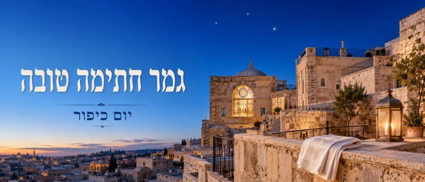 Yom Kippur in Jerusalem at sunset with stone buildings and lantern, background