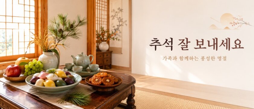 Chuseok celebration with traditional Korean food arranged on table, copy space