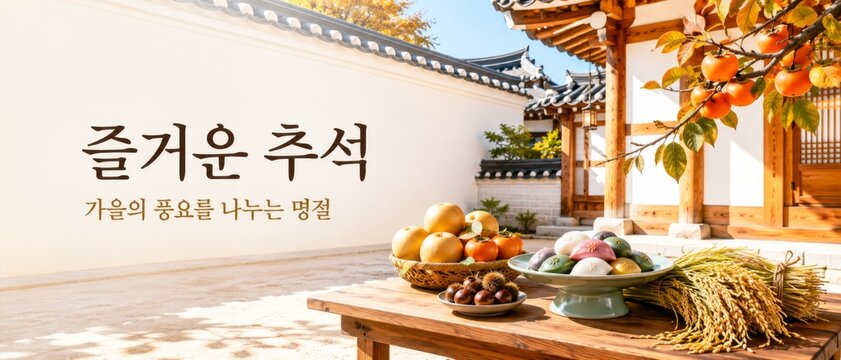 Chuseok celebration with traditional Korean food and hanok house in the background