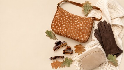 Autumn essentials with fawn patterned bag, gloves, and leaves on beige background © dvoevnore